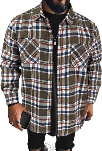 PLEPAN Mens Flannel Shirts Long Sleeve Regular Fit Lightweight Plaid Button Down Casual Shirt with Pockets in Kuwait