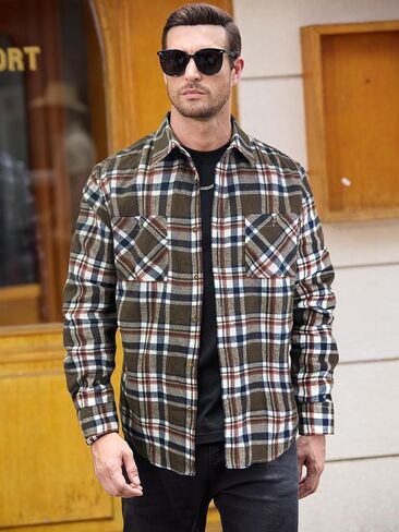 PLEPAN Mens Flannel Shirts Long Sleeve Regular Fit Lightweight Plaid Button Down Casual Shirt with Pockets in Kuwait