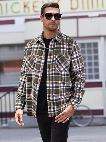 PLEPAN Mens Flannel Shirts Long Sleeve Regular Fit Lightweight Plaid Button Down Casual Shirt with Pockets in Kuwait