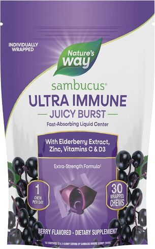 Nature's Way Sambucus Ultra Immune Juicy Burst, Extra-Strength Formula(1), Immune Support*, Vitamins C & D3, Zinc, Elderberry Extract, 30 Berry Flavored Chews in Saudi Arabia