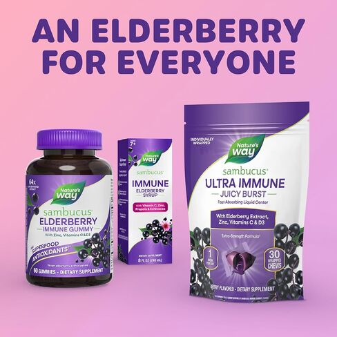 Nature's Way Sambucus Ultra Immune Juicy Burst, Extra-Strength Formula(1), Immune Support*, Vitamins C & D3, Zinc, Elderberry Extract, 30 Berry Flavored Chews in Saudi Arabia