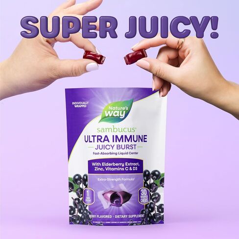 Nature's Way Sambucus Ultra Immune Juicy Burst, Extra-Strength Formula(1), Immune Support*, Vitamins C & D3, Zinc, Elderberry Extract, 30 Berry Flavored Chews in Saudi Arabia