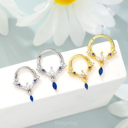 Melighting 16G Dangle Septum Ring Blue Clear CZ Cartilage Earring 8/10 mm Septum Piercing Stainless Steel 316L Septum Jewelry Clicker Helix Piercing Jewelry for Women in Saudi Arabia