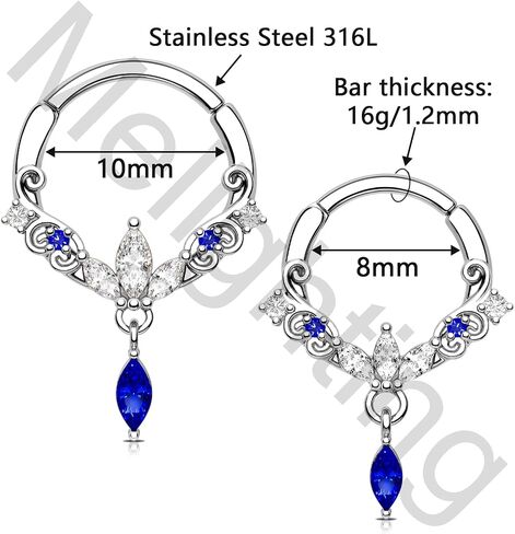 Melighting 16G Dangle Septum Ring Blue Clear CZ Cartilage Earring 8/10 mm Septum Piercing Stainless Steel 316L Septum Jewelry Clicker Helix Piercing Jewelry for Women in Saudi Arabia