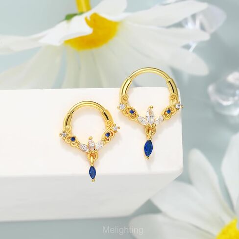 Melighting 16G Dangle Septum Ring Blue Clear CZ Cartilage Earring 8/10 mm Septum Piercing Stainless Steel 316L Septum Jewelry Clicker Helix Piercing Jewelry for Women in Saudi Arabia
