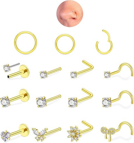 18G 20G Gold Plated Nose Rings for Women Men Surgical Stainless Steel L Shaped Corkscrew Straight Hinged Nose Rings Hoops Clicker Flat Back Threadless Push Pin Threadless Nose Stud Heart Butterfly Flower Bow CZ Nose Piercing Jewelry in Saudi Arabia