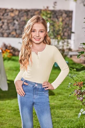 Arshiner Girls Long Sleeve Henley Ribbed Knit Shirts for Girls Button Down Slim Fit Tops Round Neck Blouses in Saudi Arabia