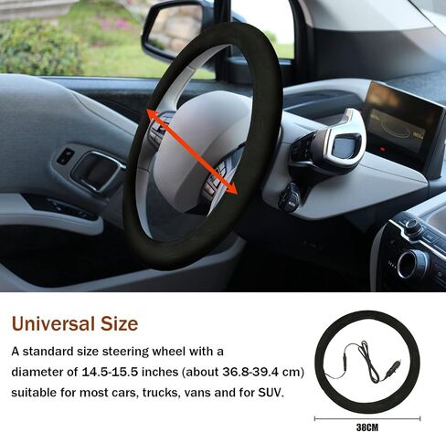 ZJchao Auto Heated Steering Wheel Cover, 90 S Quickly Heating to 100-120℉ Universal Size for Most Cars Trucks SUVs with Spiral Cable Design Suede Fabric, Diameter 38cm/14.96in in Saudi Arabia
