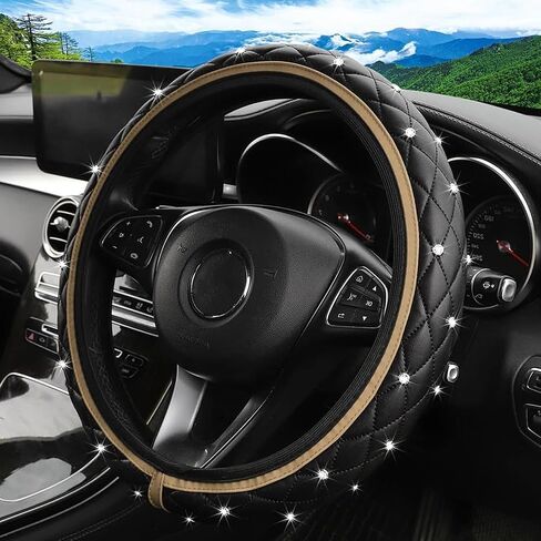 Bling Leather Steering Wheel Cover, 15 Inch Anti-Slip Elastic Auto Steering Wheel Protector with Sparkling Diamond for Women Girls, Universal Vehicle Decor Accessories for Most Cars (Black) in Kuwait