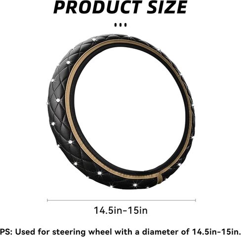 Bling Leather Steering Wheel Cover, 15 Inch Anti-Slip Elastic Auto Steering Wheel Protector with Sparkling Diamond for Women Girls, Universal Vehicle Decor Accessories for Most Cars (Black) in Kuwait