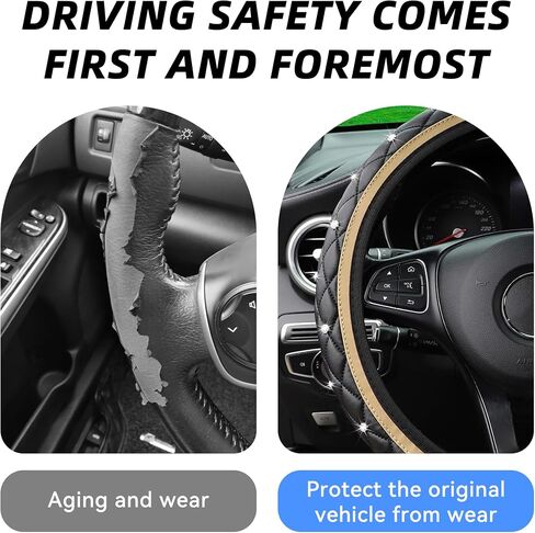 Bling Leather Steering Wheel Cover, 15 Inch Anti-Slip Elastic Auto Steering Wheel Protector with Sparkling Diamond for Women Girls, Universal Vehicle Decor Accessories for Most Cars (Black) in Kuwait