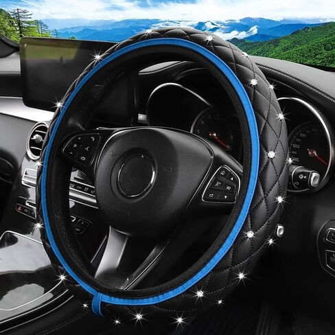 Bling Leather Steering Wheel Cover, 15 Inch Anti-Slip Elastic Auto Steering Wheel Protector with Sparkling Diamond for Women Girls, Universal Vehicle Decor Accessories for Most Cars (Black) in Kuwait