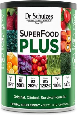 Dr. Schulze’s SuperFood Plus | Vitamin and Mineral Herbal Concentrate | Daily Nutrition | Gluten-Free and Non-GMO | Vegan | 14 Ounce Powder | Packaging May Vary in Kuwait