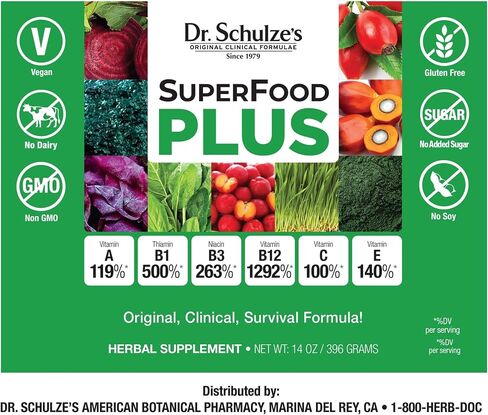 Dr. Schulze’s SuperFood Plus | Vitamin and Mineral Herbal Concentrate | Daily Nutrition | Gluten-Free and Non-GMO | Vegan | 14 Ounce Powder | Packaging May Vary in Kuwait