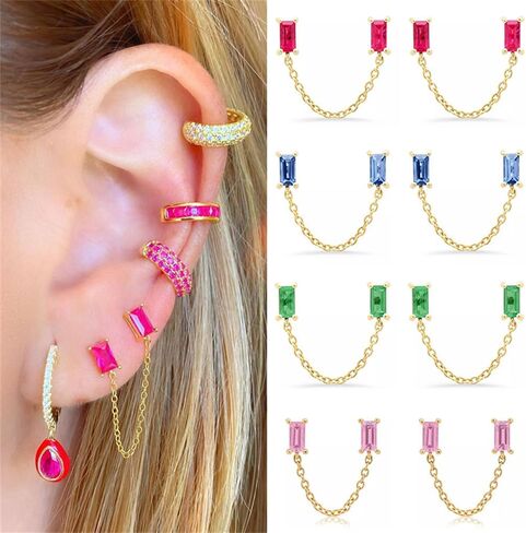 CZ Stud With Chain Double Piercing Earrings for Women Cartilage Two Holes Cuff Wrap Fashion Cubic Zirconia Wedding Minimalist Climber Crawler Threader Dangle Drop Hypoallergenic Gifts Xmas Anniversary in Saudi Arabia
