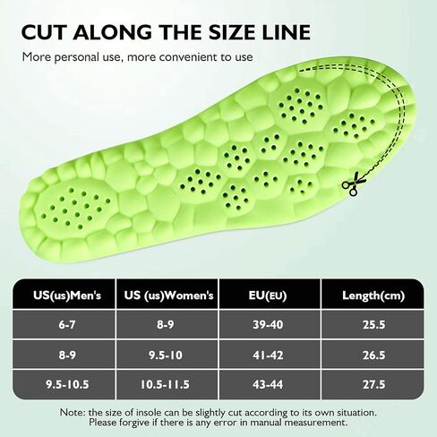 SolaraPickleball Insoles for Men Women, 4D Memory Foam Arch Support Inserts, Shock Absorbing, Anti-Slip Massage Support, Breathable Comfort for Walking & Sports(Green, Men 6-7/Women 8-9) in Saudi Arabia