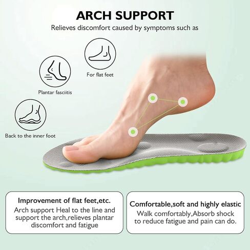 SolaraPickleball Insoles for Men Women, 4D Memory Foam Arch Support Inserts, Shock Absorbing, Anti-Slip Massage Support, Breathable Comfort for Walking & Sports(Green, Men 6-7/Women 8-9) in Saudi Arabia