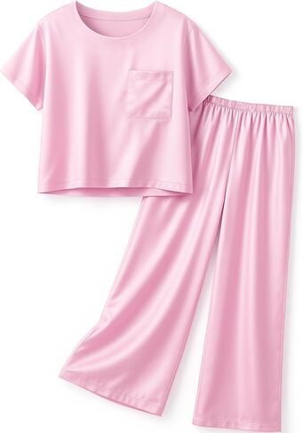 Petite&Me Silk Girls Pajamas Sets Short Sleeve with Long Pajama Pant Set Size 6-14 in Saudi Arabia