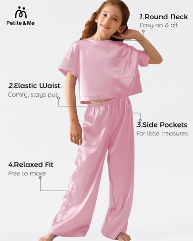 Petite&Me Silk Girls Pajamas Sets Short Sleeve with Long Pajama Pant Set Size 6-14 in Saudi Arabia