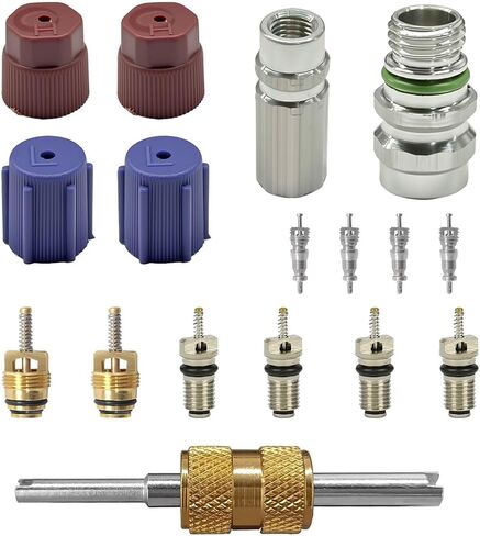 15PCS Car Air Conditioning Valve Core Kit, R12 R134A Teflon Seal Cap Valve Kit with Removal Tool for High Low-Pressure A/C Service Port, Car & HVAC AC Refrigerant Tool in Saudi Arabia