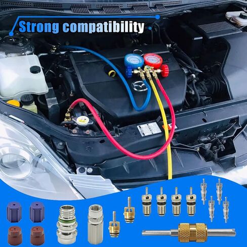 15PCS Car Air Conditioning Valve Core Kit, R12 R134A Teflon Seal Cap Valve Kit with Removal Tool for High Low-Pressure A/C Service Port, Car & HVAC AC Refrigerant Tool in Saudi Arabia