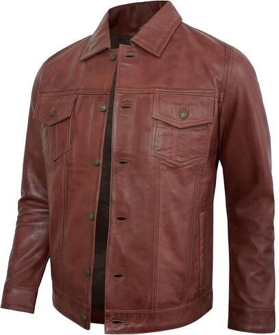 Leather Jacket For Men - Real Lambskin Polo Collar Premium Vintage Trucker Mens Leather Jackets in Saudi Arabia