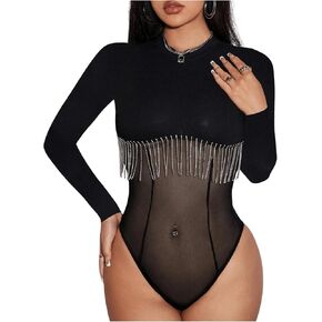 OYOANGLE Women's Rhinestone Fringe Long Sleeve Bodysuit Mesh Knitted Ribbed Trimmed Party Leotard Tops in Kuwait