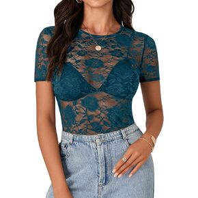 Rooscier Women's Floral Lace Sheer Crew Neck Short Sleeve Sexy Bodysuits Top Leotard Without Bra in Saudi Arabia