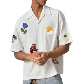 Men's Floral Appliques Oversized Tshirts Half Sleeve Button Down Streetwear Tees in Saudi Arabia