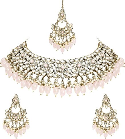 I Jewels عقد الزفاف الهندي بوليوود كوندان بيرل قطرة الزفاف مع أقراط تشاندبالي ومجموعة مجوهرات ماانغ تيكا للنساء (K7256) in Saudi Arabia