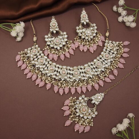 I Jewels عقد الزفاف الهندي بوليوود كوندان بيرل قطرة الزفاف مع أقراط تشاندبالي ومجموعة مجوهرات ماانغ تيكا للنساء (K7256) in Saudi Arabia