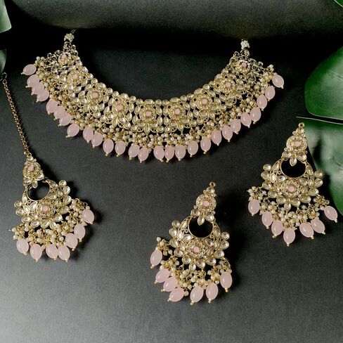 I Jewels عقد الزفاف الهندي بوليوود كوندان بيرل قطرة الزفاف مع أقراط تشاندبالي ومجموعة مجوهرات ماانغ تيكا للنساء (K7256) in Saudi Arabia