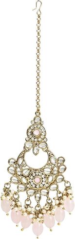 I Jewels عقد الزفاف الهندي بوليوود كوندان بيرل قطرة الزفاف مع أقراط تشاندبالي ومجموعة مجوهرات ماانغ تيكا للنساء (K7256) in Saudi Arabia