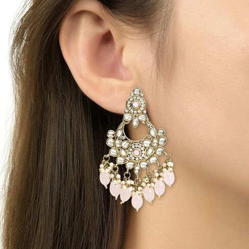 I Jewels عقد الزفاف الهندي بوليوود كوندان بيرل قطرة الزفاف مع أقراط تشاندبالي ومجموعة مجوهرات ماانغ تيكا للنساء (K7256) in Saudi Arabia