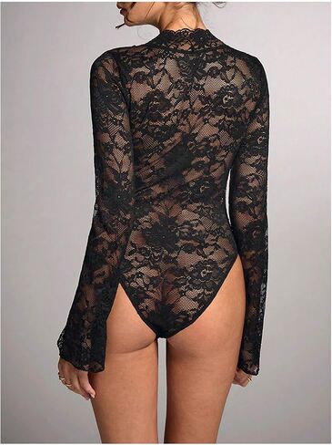 OYOANGLE Women's Mesh Floral Lace Bodysuits Sheer Deep V Neck Long Sleeves Leotards Bodysuit Top Slim Fit Jumpsuit in Saudi Arabia