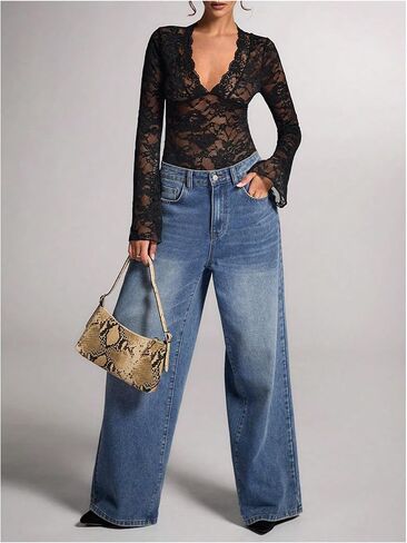 OYOANGLE Women's Mesh Floral Lace Bodysuits Sheer Deep V Neck Long Sleeves Leotards Bodysuit Top Slim Fit Jumpsuit in Saudi Arabia
