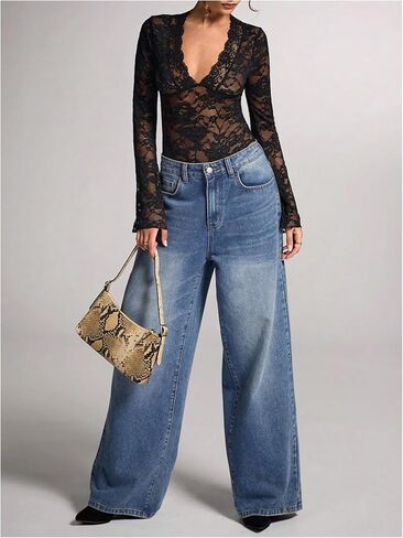OYOANGLE Women's Mesh Floral Lace Bodysuits Sheer Deep V Neck Long Sleeves Leotards Bodysuit Top Slim Fit Jumpsuit in Saudi Arabia