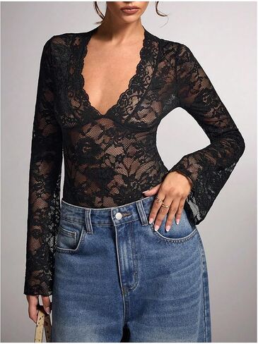 OYOANGLE Women's Mesh Floral Lace Bodysuits Sheer Deep V Neck Long Sleeves Leotards Bodysuit Top Slim Fit Jumpsuit in Saudi Arabia