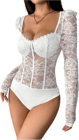 OYOANGLE Women's Lace Sheer Long Sleeve Corset Bodysuit Sweetheart Neck Party Club Leotard in Saudi Arabia