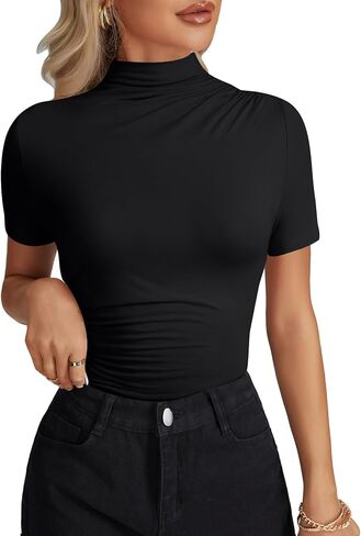 LYANER Women's Mock Turtle Neck Short Sleeve Ruched Sexy Going Out Bodysuit Leotards in Saudi Arabia