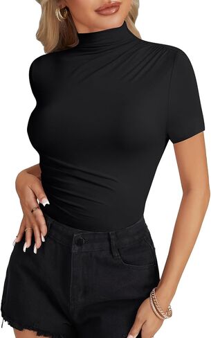 LYANER Women's Mock Turtle Neck Short Sleeve Ruched Sexy Going Out Bodysuit Leotards in Saudi Arabia