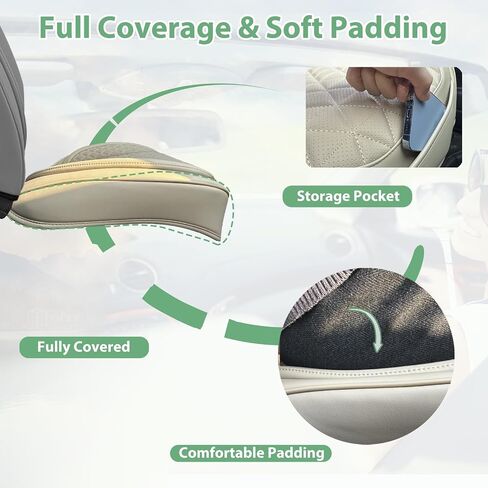 2 Pack Leather Front Car Seat Cover Bottom Only, Anti-Slip Padding Seat Cushion, Full Wrap Seat Protector with Storage Function Universal Fit for Most Cars, SUV, Pick-up Trucks (Beige) in Saudi Arabia