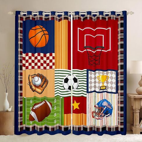 Boys Football Window Curtain Cartoon Ball Sports Themed Curtains for Kids Teens Child Room Decor Colorful Geometric Grid Stripes Window Treatment Curtain Cute Baseball Rugby Window Drapes in Saudi Arabia