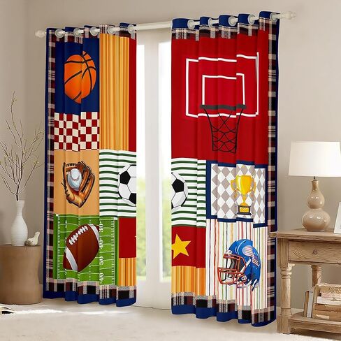Boys Football Window Curtain Cartoon Ball Sports Themed Curtains for Kids Teens Child Room Decor Colorful Geometric Grid Stripes Window Treatment Curtain Cute Baseball Rugby Window Drapes in Saudi Arabia