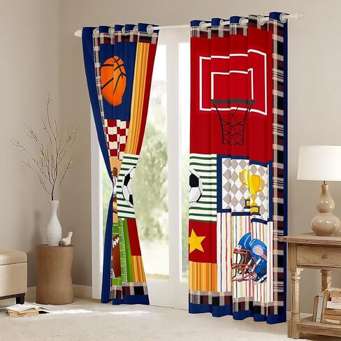 Boys Football Window Curtain Cartoon Ball Sports Themed Curtains for Kids Teens Child Room Decor Colorful Geometric Grid Stripes Window Treatment Curtain Cute Baseball Rugby Window Drapes in Saudi Arabia