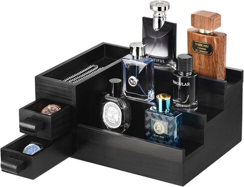 Perfume Stand Organizer for Men, 3 Tier Perfume Display Shelf with Velvet Lining Drawer and Hidden Compartment,Display Risers (Black - 2 Drawer) in Saudi Arabia