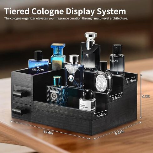 Perfume Stand Organizer for Men, 3 Tier Perfume Display Shelf with Velvet Lining Drawer and Hidden Compartment,Display Risers (Black - 2 Drawer) in Saudi Arabia