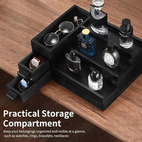 Perfume Stand Organizer for Men, 3 Tier Perfume Display Shelf with Velvet Lining Drawer and Hidden Compartment,Display Risers (Black - 2 Drawer) in Saudi Arabia