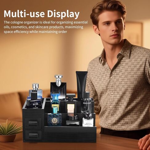 Perfume Stand Organizer for Men, 3 Tier Perfume Display Shelf with Velvet Lining Drawer and Hidden Compartment,Display Risers (Black - 2 Drawer) in Saudi Arabia