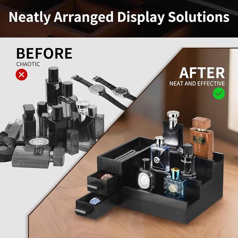 Perfume Stand Organizer for Men, 3 Tier Perfume Display Shelf with Velvet Lining Drawer and Hidden Compartment,Display Risers (Black - 2 Drawer) in Saudi Arabia